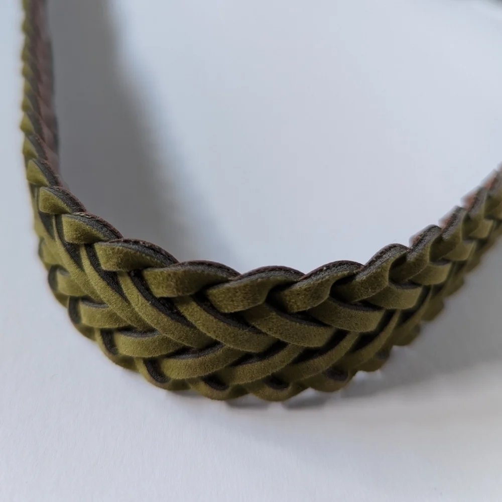 Braided Faux Leather & Suede Adjustable Unisex Belt Brown Olive Brass sz S 31 ½